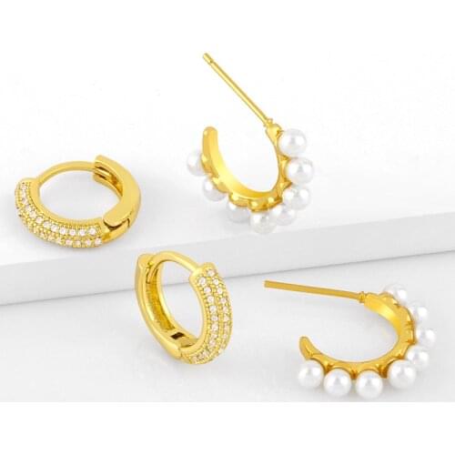 EYIKA Elegant Zircon Gold Color Hoop Earring for Women Teen Girls Small Pearl C Shape Stud Earring Party Wedding Female Jewelry