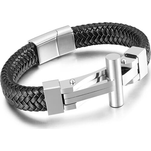 Italian Jewelry 12mm Wide Black Braid Stainless Steel Cross Accessories Men Leather Bangle Bracelet 210mm