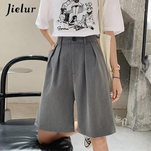Jielur Green Gray Black Pants Female Summer Loose Casual 2021 New High Waist Short Pants S-XXL Wide Leg Half Pants Women Bottom