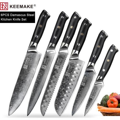 KEEMAKE 6PCS Kitchen Knives Set Slicing Santoku Chef Knife Japanese Damascus VG10 Steel Sharp Blade Meat Cutter Tools G10 Handle