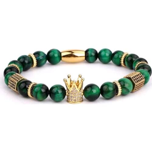 Classic design Cubic Zirconia Crown Charm Natural Stone Beads Elastic Bracelet Men Lady