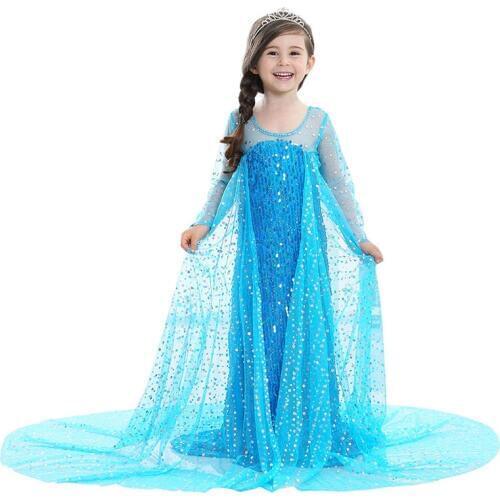 Girls Summer Dress Elsa Cosplay Costume Princess Long Dresses With Mesh Cloak Birthday Party Christmas Halloween Kids Clothes