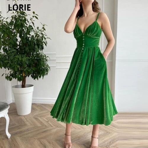 LORIE Kelly Green Velvet Short Prom Dresses Spaghetti Straps Midi Velour Prom Gowns with Pockets Tea-Length Formal Party Gowns