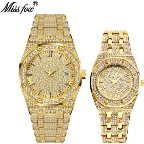 MISSFOX 18K Gold Iced Out Lab Dimaond Luxury Brand Stainless Steel Analog Quartz Waterproof Lovers Watch Set