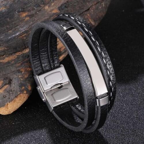 Trendy Multilayer Leather Bracelet Bangle Men Hand Jewelry Stainless Steel Punk Vintage Wristband for Male Boyfriend Gift SP1153
