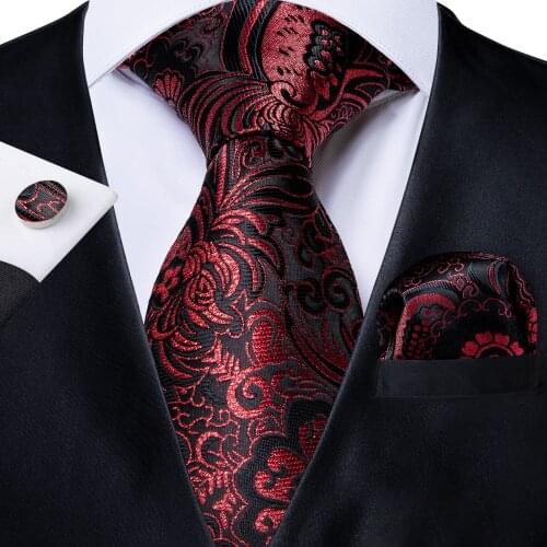 Mens Necktie Red Black Silk Paisley Wedding Tie For Men DiBanGu Designer Handkerchief Cufflink Tie Set Fashion Business SJT-7188