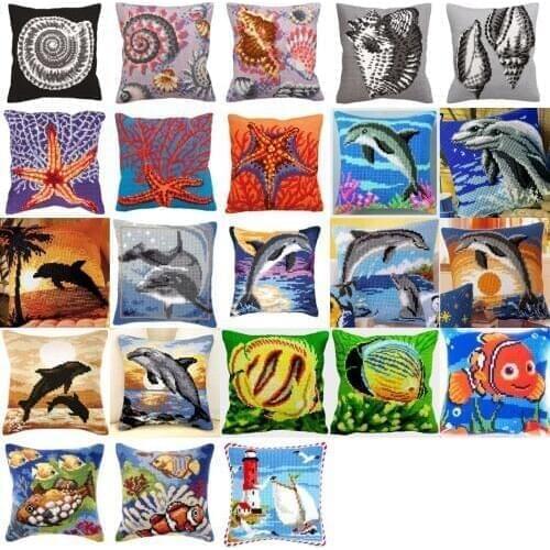 TH Marine life fish DIY Needlework Kit Acrylic Yarn Embroidery Pillow Tapestry Canvas Cushion Front Cross Stitch Pillowcase