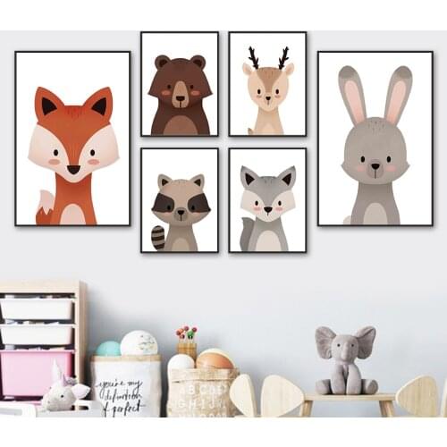 Watercolor Fox Bear Raccoon Rabbit Deer Animal Wall Art Canvas Painting Nordic Posters And Prints Wall Pictures Baby Kids Room
