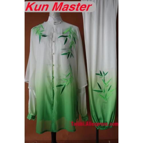 Custom Performance White Green Gradual Change Color Tai Chi Uniform Banboo Embroidery Martial Art Clothing For Kung Fu