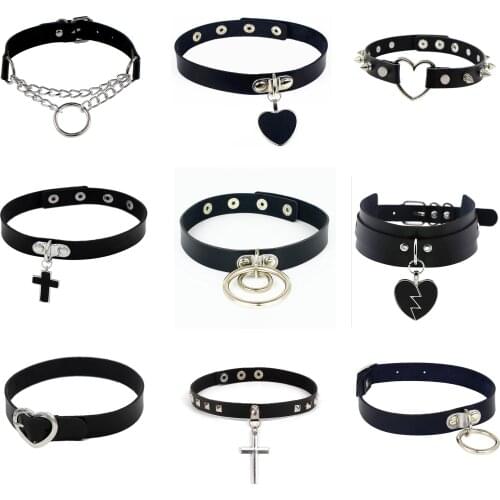 New Punk Rock Gothic PU Leather Heart Round Spike Rivet Collar Studded Choker Necklace Body Jewelry Birthday Party Gift