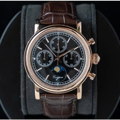 Luxury 1963 Mechanical Watch Mens Luminous Chronograph Sapphire Moon Phase Seagull Movement Wristwatcwes Business Leather Watch