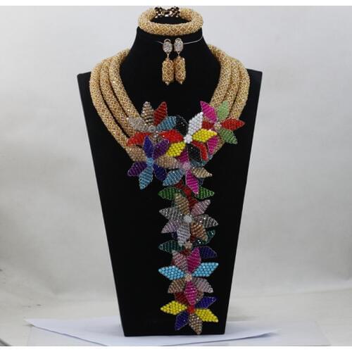 Luxury Gold Champagne Beads Add Long Flower Falls Multicolor Crystal Wedding Jewelry Set Party Jewelry Set Free ShippingABH197