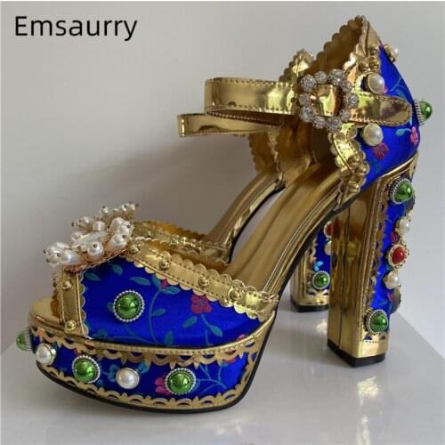 Luxury Diamond Beaded Flower Banquet Shoes Woman Rivet Decor Platform Chunky Heel Embroidery Satin Rhinestone Sandals Women