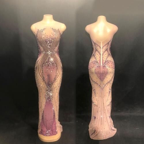 Sexy Womens Sparkly Purple Rhinestones Mesh Long Dress Birthday Party Dress Evening Dance Dresses freeshipping