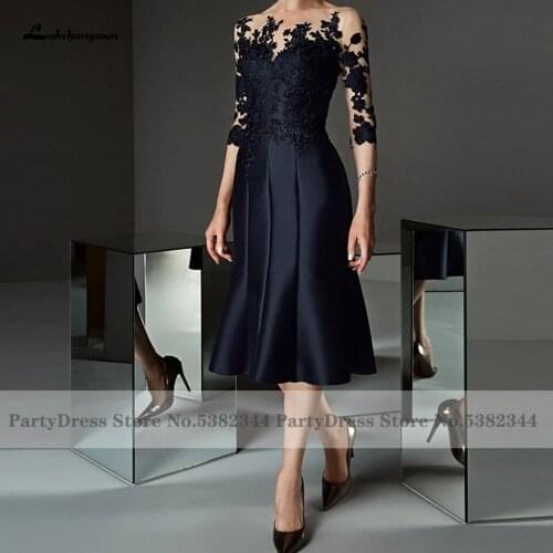 Lakshmigown Cocktail Mother Wedding Party Dress 2021 Abito Mamma Sposa Navy Blue Satin Mother of the Groom Dresses with Sleeves