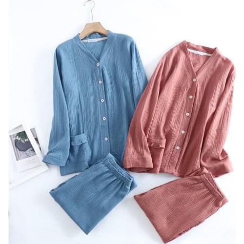 Spring Pajamas for Women V-Neck Cotton Sleepwear Long Sleeve Loungewear Two Piece Set Solid Night Gown Crepe Gauze Home Suit