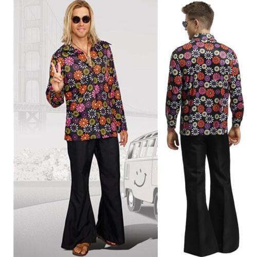 Adult Man 60s 70s Retro Hippie Disco Gogo Costumes Carnival Halloween Costume for Men Funny Fancy Rock Music Player Hippy Outfit