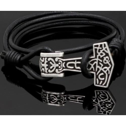 Youe shone Mens Real Leather Alloy Thors Viking Hammer Mjolnir Bracelet Jewelry
