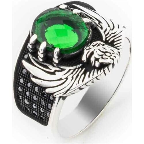 Green Cubic Zirconia Eagle With Icon Men 'S Silver Ring