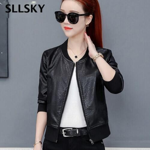 Sllsky 2020 New PU Leather Jacket Women Black Color Mandarin Collar Zippers Short Female Faux Leather Jackets High Quality