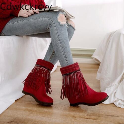 Winter The New fashion Round head Thick heel Womens boots student Leisure tassel Plus velvet Keep warm High heel Women boots