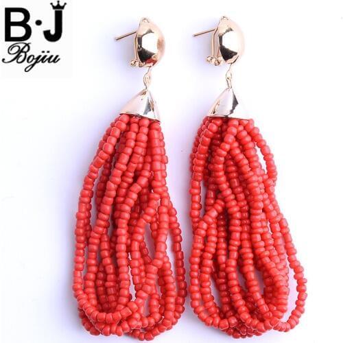 Bojiu Dangle Earrings For Women Colorful Seed Glass Beads Tassel Statement Drop Earrings Hemitate Red Aqua Fashion Jewelry EA001