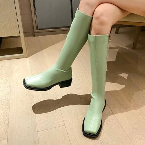 2021 Ladies Microfiber Four Seasons Knee High Boots Fashion Square Toe Thick High Heel Female Knight Boots Zipper Women Shoes