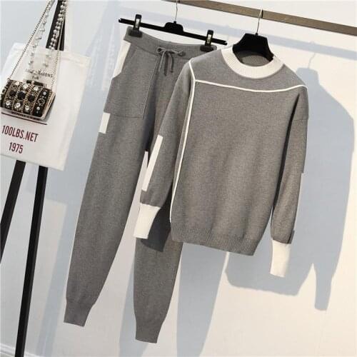 2021 Autumn Winter Womens Knitted Warm Suit Round Neck Sweater + Harem Pants Loose Style Two-piece Sets Y232