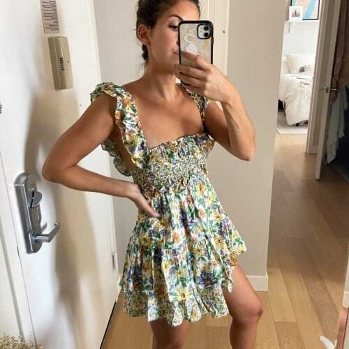 Boho Inspired GREEN floral MULTI mini dress ruffles neckline summer dress shirred tiered party dress chic sexy women dress new