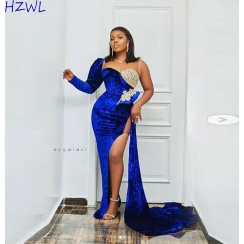Royal Blue Aso Ebi Mermaid Prom Dresses 2021 Sheer Neck One Long Sleeve Velvet Evening Gowns High Split Formal Party Dress