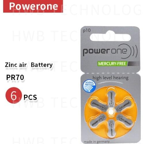 6PCS/lot(1 pack )PowerOne PR70 P10 A10 S10 zinc air button battery for Hearing aid Free shipping