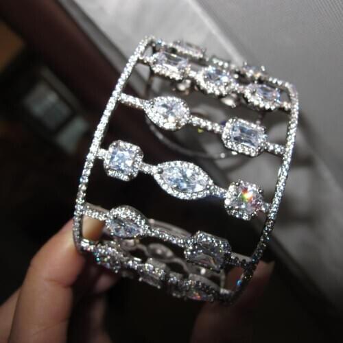 Promotion hot Sale Cubic Zircon stone hollow out Geometric Wide cuff line bracelet bangle Copper party jewelry for women