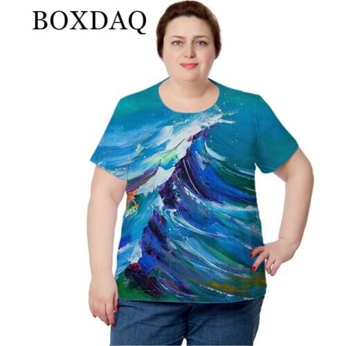 BOXDAQ 2021 3D Painting Print T Shirt Women Short Sleeve Casual Tops Fashion Round Neck Ladies Cotton T Shirts Plus Size 5XL 6XL