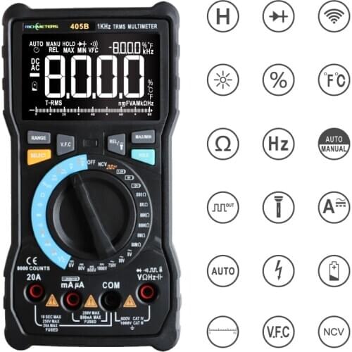 405B 8000Counts True-RMS 20A Digital Multimeter AC/DC Voltage Current Ohm Temperature Auto/Manual Square Wave