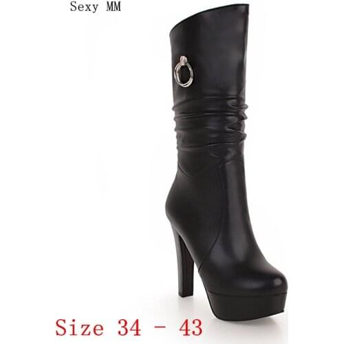 Spring Autumn Women Mid-Calf Boots High Heels Platform Pumps Woman Short Boots Shoes High Quality Plus Size 34-40 41 42 43 botas