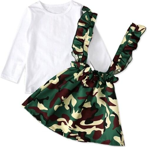 1-6Yrs Children Girls Clothes Outfits Long Sleeve T-Shirts Tops Camoufalge Belt Skirts 2Pcs Summer Kids Girls Clothing Set
