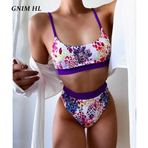 GNIM Sexy Bandeau Bikini Swimwear Women Push Up 2021 High Waist Print Swimsuit Female 2 Pieces Beach Wear Swim Bathing Suit New