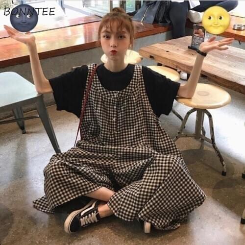 Women Jumpsuits Plaid Oversize Wide Leg Single Breasted Big Pocket Sweet Cute Korean Style College All-match BF Design Leisure