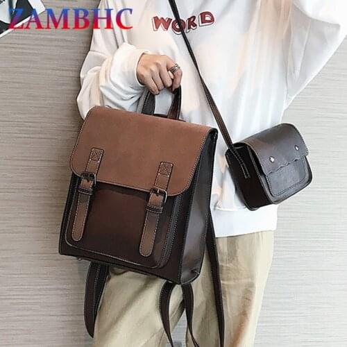 2 Pcs Set Womens Backpack Vintage Pu Leather Backpacks for Teenager Girls Large Capacity Ladies School Bag Fashion Shoulder Sac