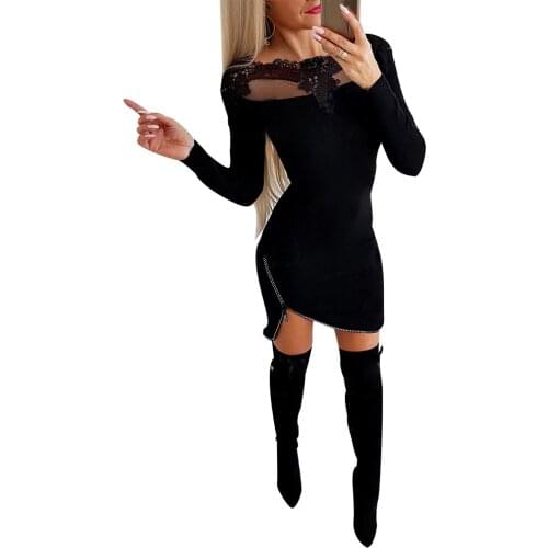 Slash Neck Lace Mesh Stitching Dresses Slim Fit Bag Hip Tight-Fitting Dress Long Sleeve Ladies Elegant Spring Mini Dress D30