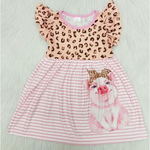 Fashion leopard girls summer dress flutter ruffle sleeve and stripes frock baby girl cute pig pattern dress