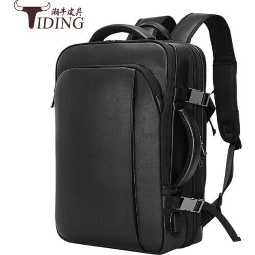 Men Business Black 16" Laptop Travel Backpack Bag Black Real Leather Male Mutifunctional Large Capacity Backpacks Bags