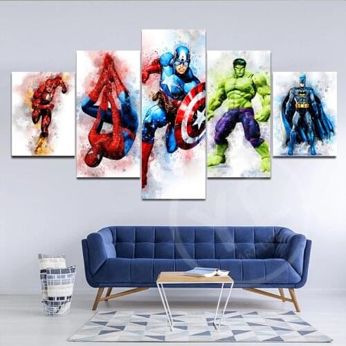 Marvel Watercolor 5 Piece Art Canvas Painting Superhero Wall Print 5 Panel Poster Childrens Bedroom Kids Art Home Decor Unframe