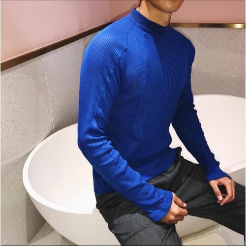 New Summer Mens Casual Knit Breathable Thin Sunscreen Long-sleeved T-shirt Hairstylist Tide Slim Turtleneck Sweater Blue Tops