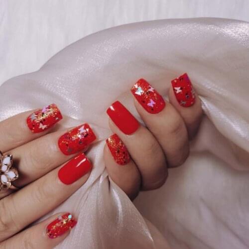 2021 latest fake nails fine high heel 24 pieces design filled with crystal diamond red