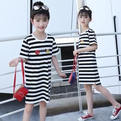 Girls' Clothing Black and White Stripes Summer Girl Dress Cotton 6-10T Kids Short Sleeve Dresses for Teenage Girls