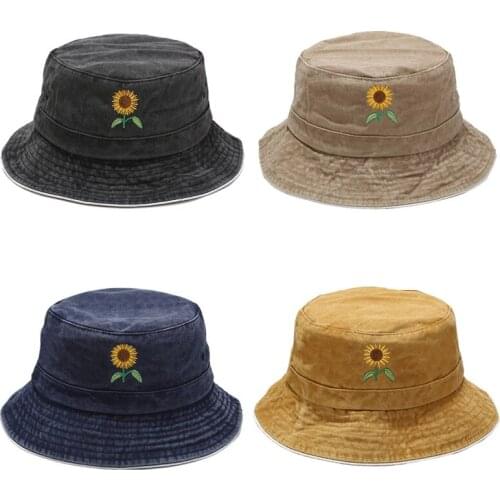 2020 New Foldable Fisherman Hat Washed Denim Bucket Hats Unisex Embroidery Sunflower Caps Hip Hop Men Women Panama Bucket Cap