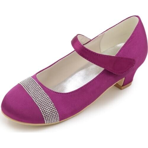 Mary jane girls satin square heel flower girl wedding dress shoes rounded toe prom party quinceanera heels rhinestone mul colors