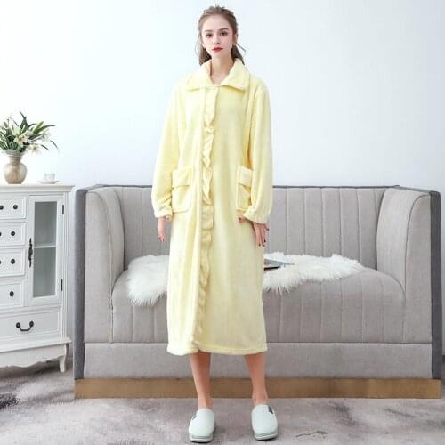 Spring And Autumn Womens Nightdress Thicken And Lengthen Flannel Ladies Pajamas Nightgown Simple Plus Size Bathrobe Bademantel