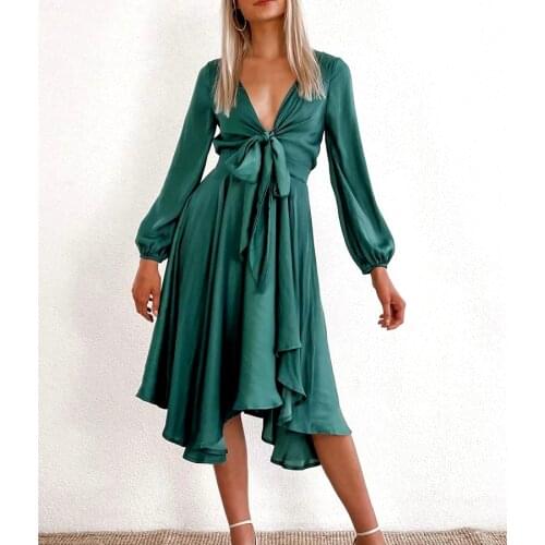 GypsyLady Vintage Chic Midi Dress Long Sleeve Autumn Chic Holiday Dress Women V-neck Bow Sexy Ruffle office Ladies Party Dresses